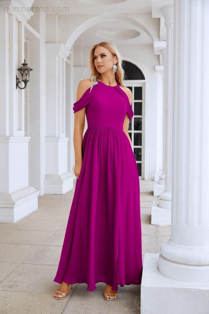Abito da sera da damigella in chiffon con spalle scoperte, maniche a campana e spacco frontale, abito da festa nuziale 28117