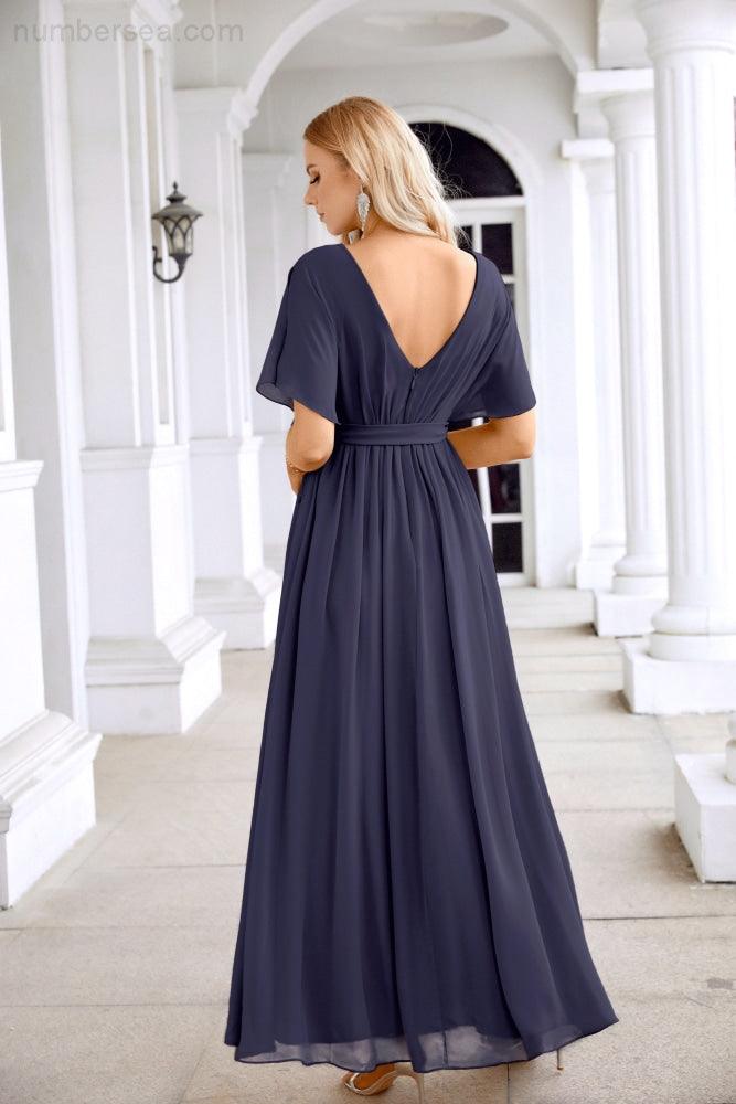 Robe de soirée longue jusqu'au sol pour demoiselle d'honneur, manches en mousseline, encolure ronde, fente avant, pour mariage et fête 28124