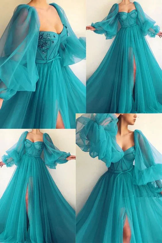 Robes de bal à manches bouffantes, fente latérale, robes de soirée en ligne A Y514