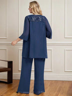 Macacão/Conjunto de Calças com Decote Redondo, Comprimento até ao Chão, em Renda e Chiffon, Vestido de Mãe da Noiva com Lantejoulas
