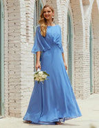 Bridesmaid Dress Women Long Sleeve V-Neck Chiffon Formal Wedding Party Dress 28018
