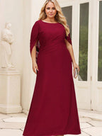 Vestido de Mãe da Noiva em Chiffon com Decote Barco, Corte Trompete/Sereia e Comprimento até ao Chão, com Pregas