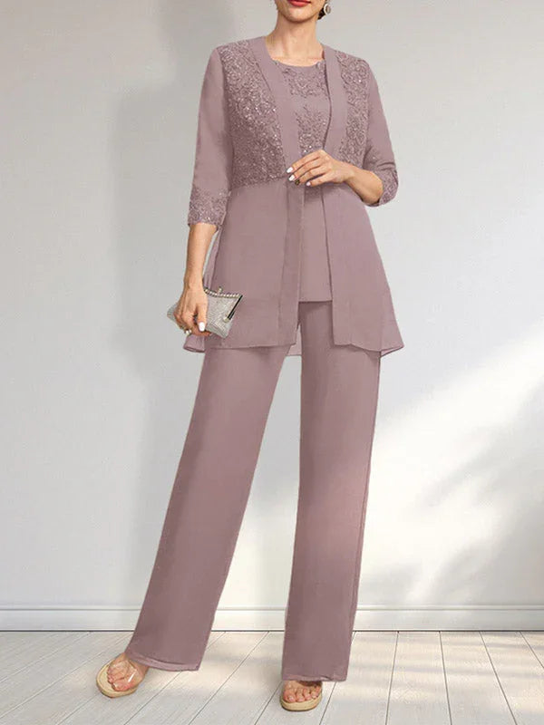 Tuta/Pantaloni Separati con Scollo a U, Lunghezza a Terra, in Chiffon e Pizzo, Abito per Madre della Sposa con Paillettes