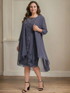Etui/Säulenförmiges Kleid mit Illusion, knielang, aus Spitze und Chiffon, Brautmutterkleid mit herabfließenden Rüschen und Pailletten