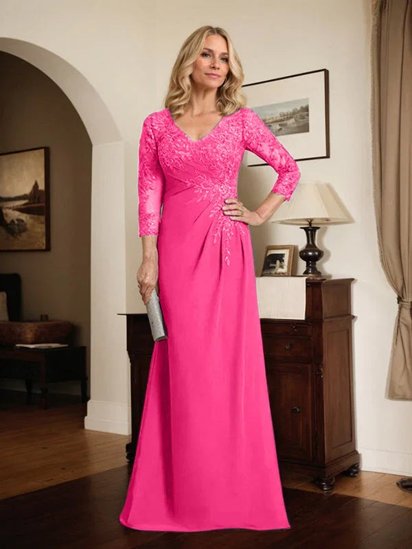 Vestido de madrina de novia con escote en V ilusión, corte columna, largo hasta el suelo, de encaje y gasa con lentejuelas plisadas