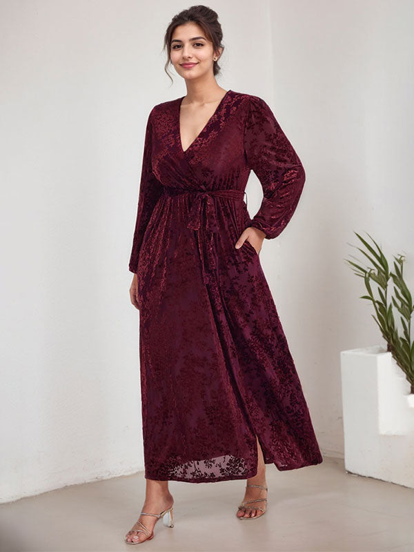 A-Line V-Neck Long Sleeves Velvet Tea-Length Mother of the Bride Dress With Split