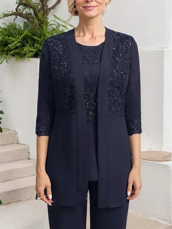 Tuta/Pantaloni Separati con Scollo a U, Lunghezza a Terra, in Chiffon e Pizzo, Abito per Madre della Sposa con Paillettes