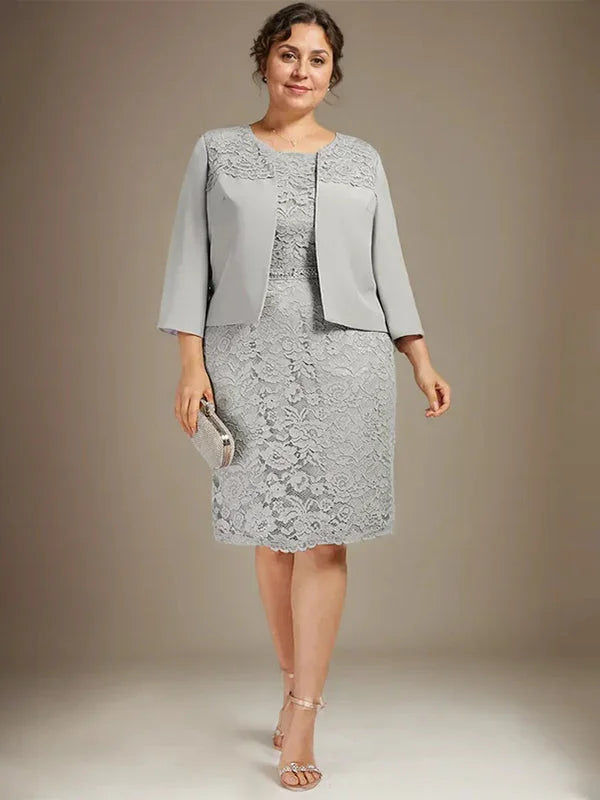 Vestido de madrina de novia de encaje de gasa con abalorios, corte columna y largo hasta la rodilla