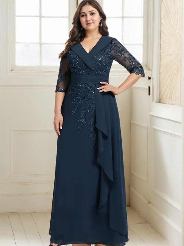 A-line Collared V-Neck Floor-Length Lace Chiffon Mother of the Bride Dress With Sequins Cascading Ruffles