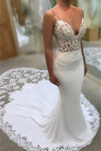 Spaghetti Straps Mermaid V Neck Applique Wedding Dress