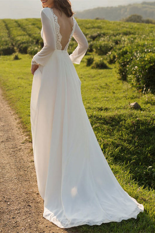 Tulle Bateau Long Sleeves Boho Wedding Dress Open Back A Line