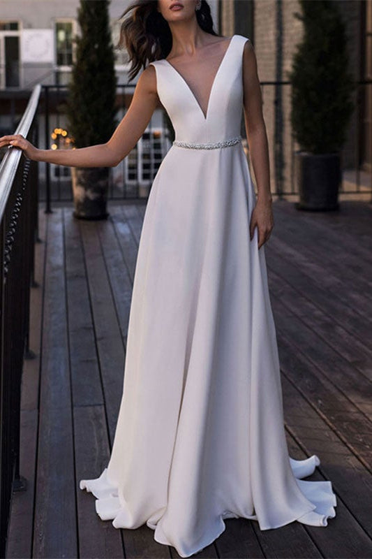 Long V Neck Backless Wedding Dress With Flowing Fabric
