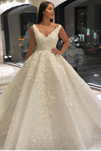 Gorgeous Floor Length A Line Sequined Deep V Neck Wedding Dress Appliques Lace