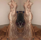 Elegante vestido de fiesta de sirena con escote en V profundo y cuello halter hasta el suelo