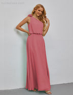 Ruffled One Shoulder Sleeveless Long Bridesmaid Dresses A-line Formal Evening Gown Side Split 28080