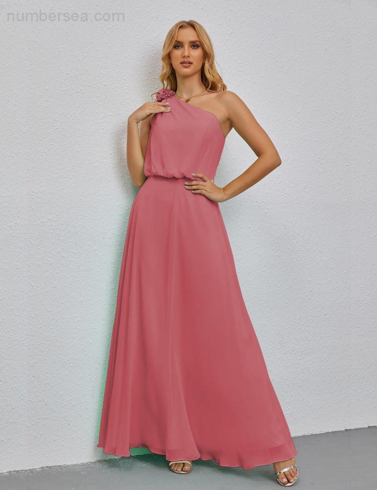 Ruffled One Shoulder Sleeveless Long Bridesmaid Dresses A-line Formal Evening Gown Side Split 28080
