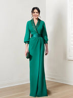 Etui-/Säulen-Kleid mit V-Ausschnitt und langen Ärmeln für die Brautmutter mit Gürtel