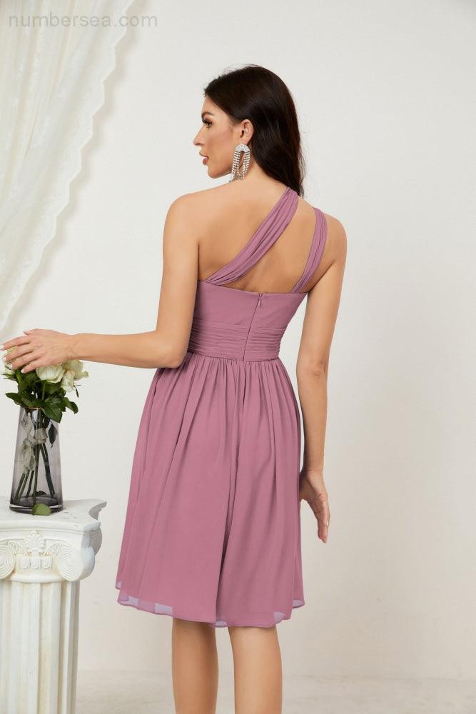 Women Chiffon Short One Shoulder Bridesmaid Dress Formal Dresses for Party Homecoming  2804
