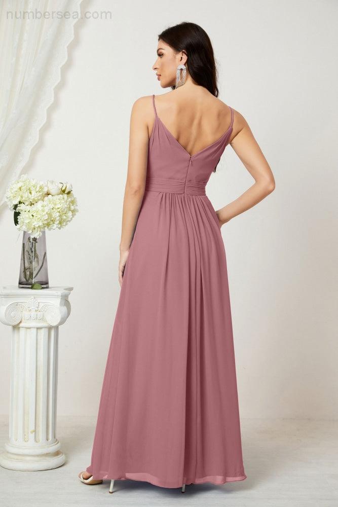 Chiffon V-Neck Bridesmaid Dress Spaghetti Strap Long Formal Party Prom Gowns with Slit 28010