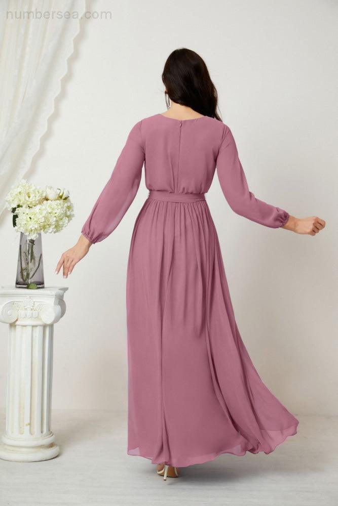 Evening Dresses Deep V-Neck Chiffon Bridesmaid Dresses Long Bishop Sleeve Side Split Formal Dress 2806