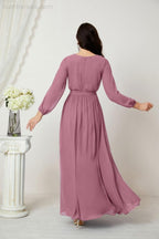 Evening Dresses Deep V-Neck Chiffon Bridesmaid Dresses Long Bishop Sleeve Side Split Formal Dress 2806