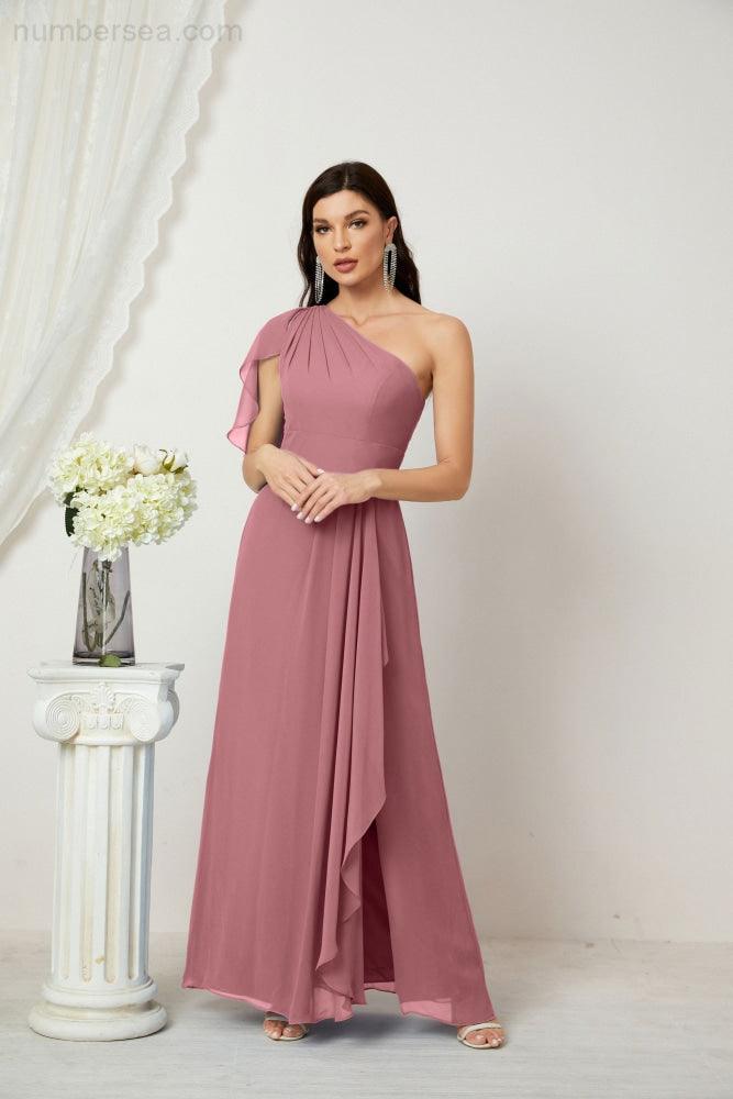 Chiffon Ruffled One Shoulder Long Bridesmaid Dresses A-line Formal Evening Gown Side Split 2809