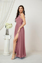 Chiffon V-Neck Bridesmaid Dress Spaghetti Strap Long Formal Party Prom Gowns with Slit 28010
