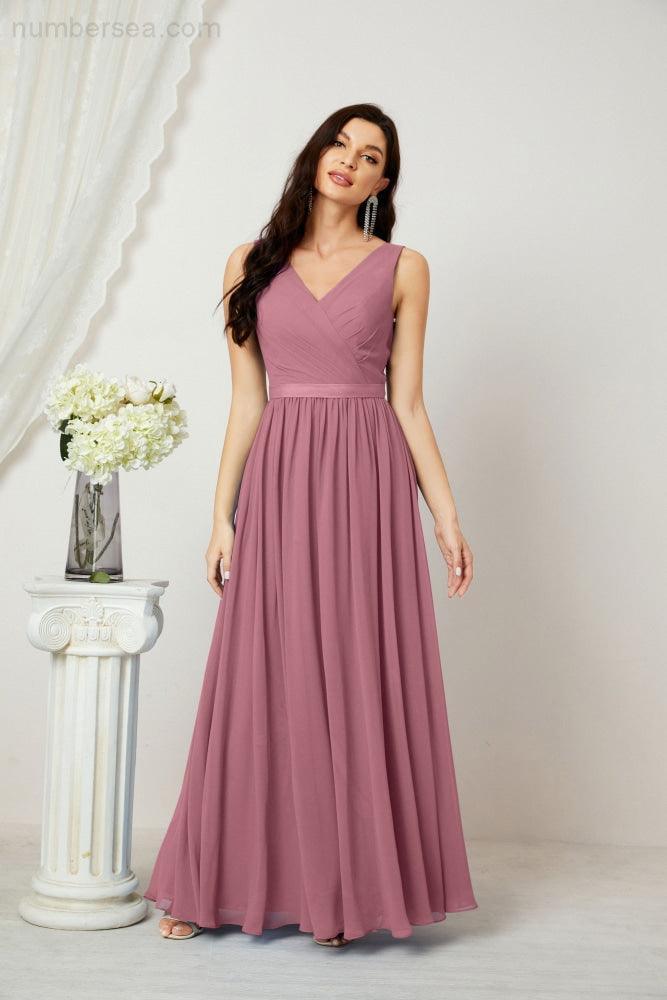 Abiti lunghi da damigella in chiffon da donna, linea a, senza maniche, abito formale da ballo per serata, abiti per festa di ritorno a casa 2808