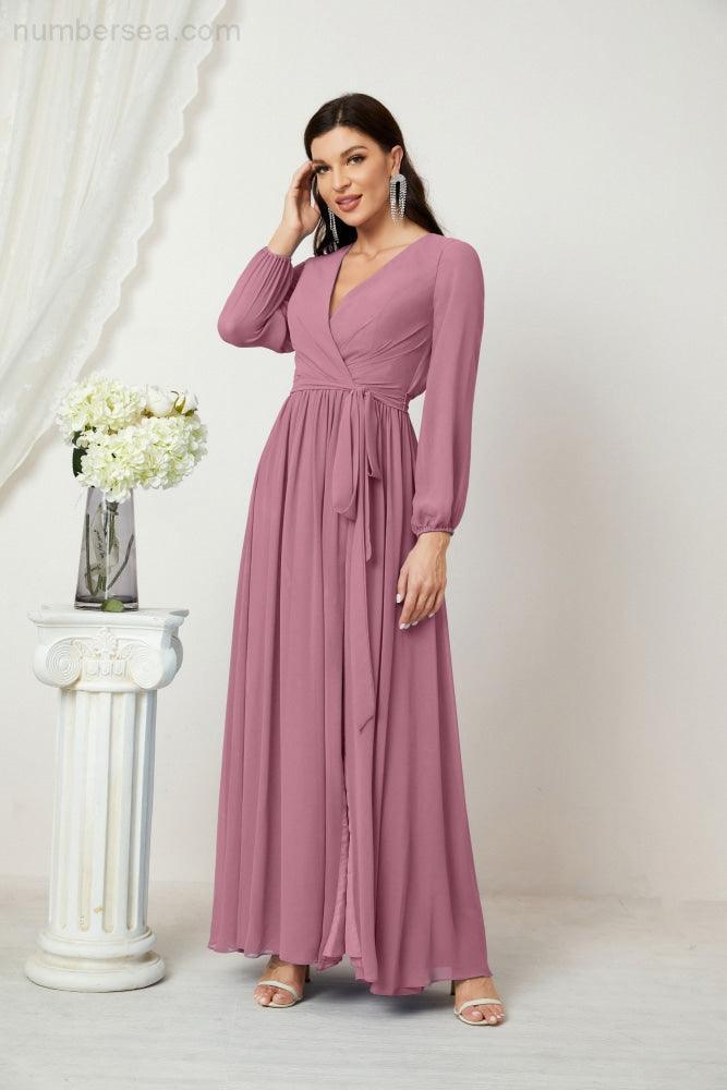 Evening Dresses Deep V-Neck Chiffon Bridesmaid Dresses Long Bishop Sleeve Side Split Formal Dress 2806