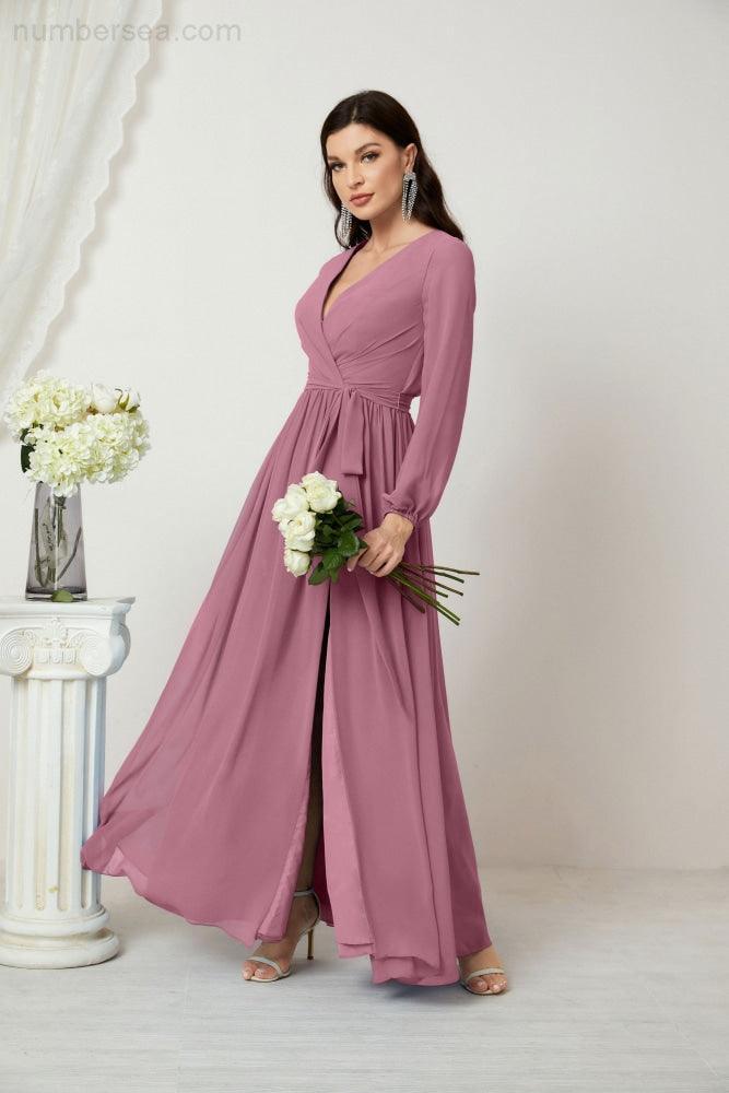Evening Dresses Deep V-Neck Chiffon Bridesmaid Dresses Long Bishop Sleeve Side Split Formal Dress 2806