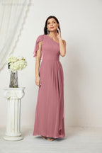 Chiffon Ruffled One Shoulder Long Bridesmaid Dresses A-line Formal Evening Gown Side Split 2809