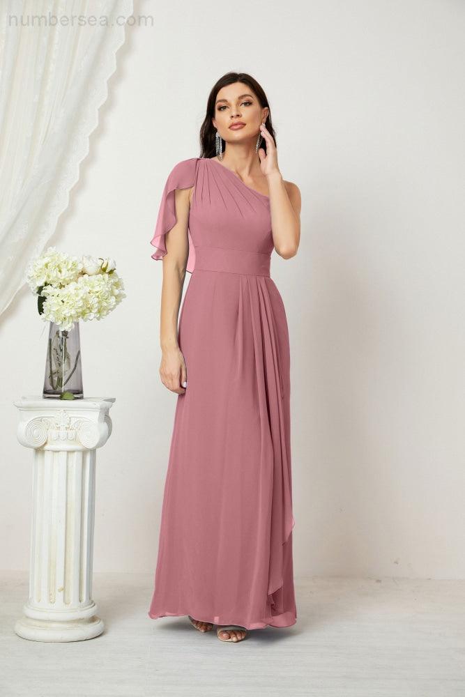 Chiffon Ruffled One Shoulder Long Bridesmaid Dresses A-line Formal Evening Gown Side Split 2809