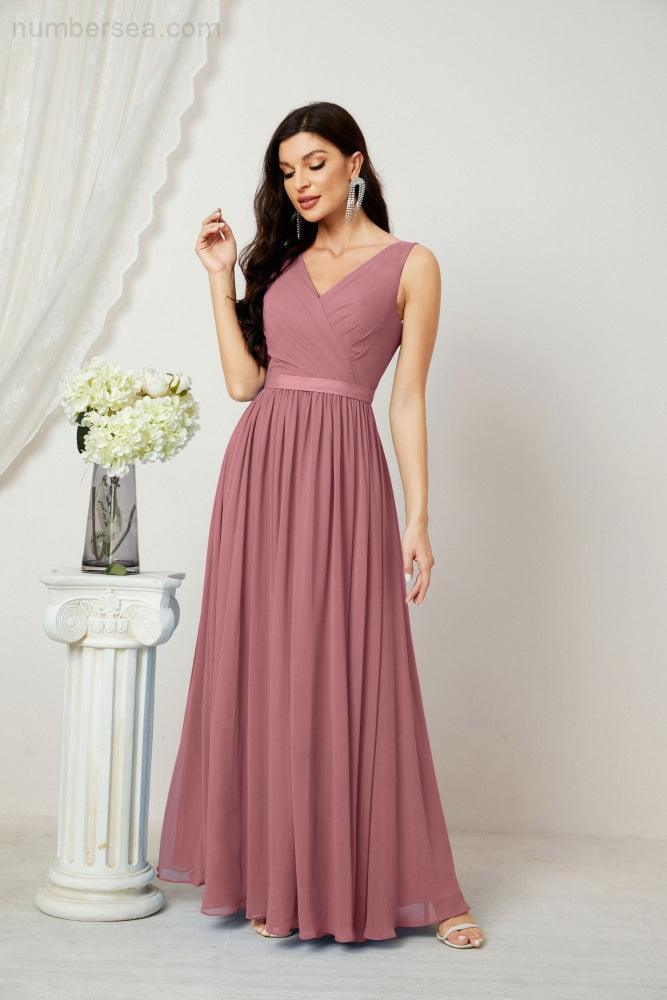 Abiti lunghi da damigella in chiffon da donna, linea a, senza maniche, abito formale da ballo per serata, abiti per festa di ritorno a casa 2808