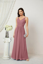 Chiffon V-Neck Bridesmaid Dress Spaghetti Strap Long Formal Party Prom Gowns with Slit 28010