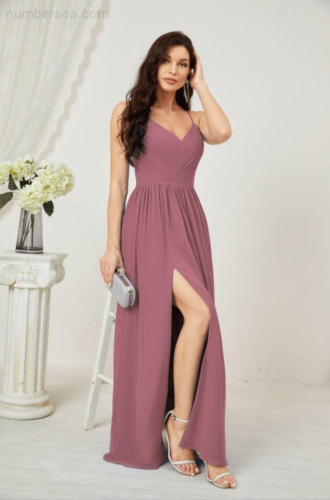 Neck Bridesmaid Dresses Chiffon Long Spaghetti A-line Formal Prom Gown for Wedding Party Evening 2801