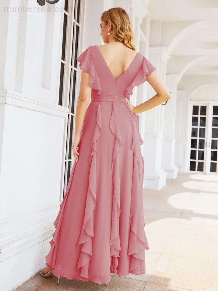 Ruffled Bridesmaid Dresses with Sleeves Long Formal Party Dress 28041