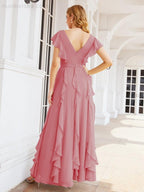 Ruffled Bridesmaid Dresses with Sleeves Long Formal Party Dress 28041