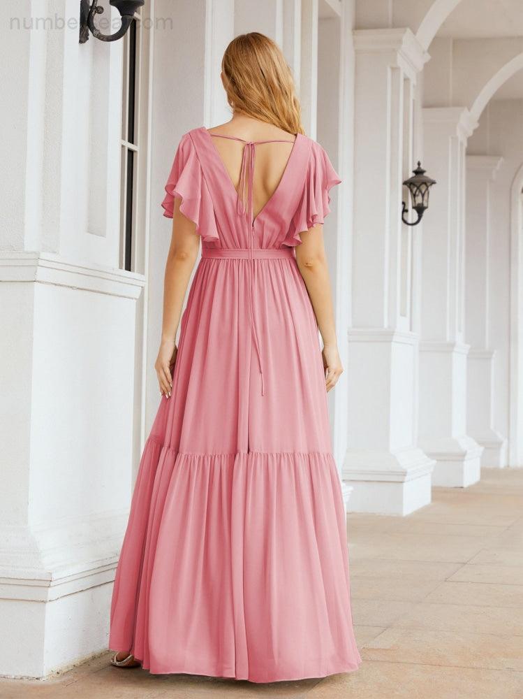 Abiti da sera formali da donna Numbersea con schiena scoperta, scollo a V, lunghi in chiffon, abiti da damigella con cintura in vita 28038