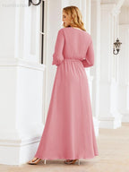 Vestito da damigella d'onore in chiffon da donna Numbersea, linea a trapezio, maniche lunghe, abito lungo formale da sera per ospite di matrimonio 28032