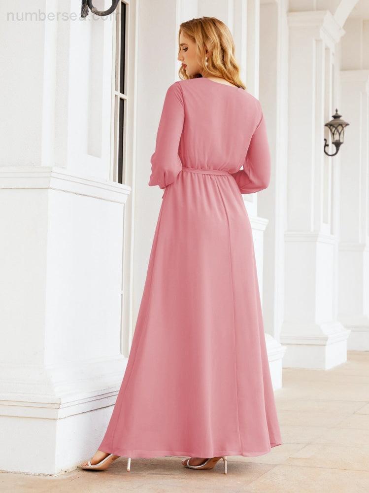 Vestito da damigella d'onore in chiffon da donna Numbersea, linea a trapezio, maniche lunghe, abito lungo formale da sera per ospite di matrimonio 28032