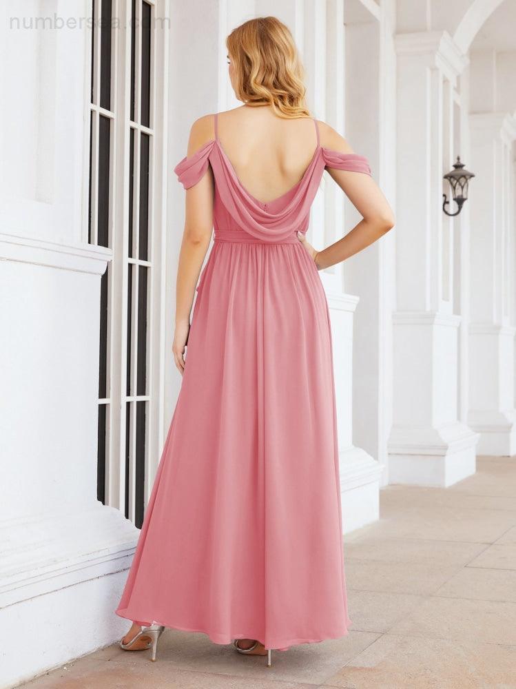 Numbersea Abito da Damigella in Chiffon con Spalle Scoperte, Abito Lungo Formale per Laurea con Schiena a Mantella 28069