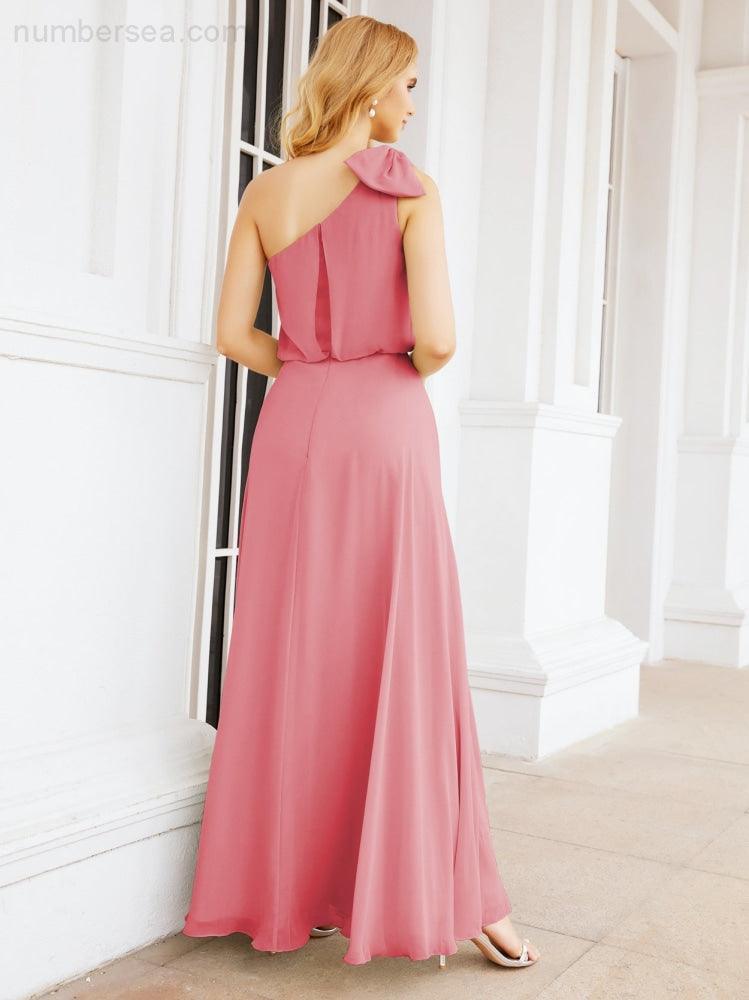 Chiffon Ruffled One Shoulder Sleeveless Long Bride Dresses A-line Formal Evening Gown Side Split 28057