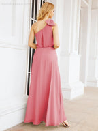 Chiffon Ruffled One Shoulder Sleeveless Long Bride Dresses A-line Formal Evening Gown Side Split 28057