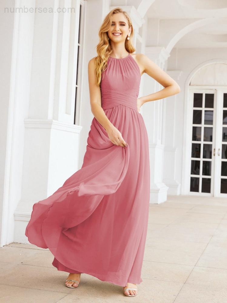 Sleeveless Bridesmaid Dresses Long Prom Gown Zipper with Keyhole Back 28056