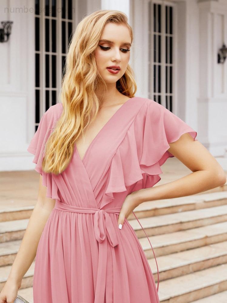 Abiti da sera formali da donna Numbersea con schiena scoperta, scollo a V, lunghi in chiffon, abiti da damigella con cintura in vita 28038