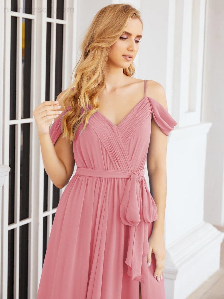 Numbersea Abito da Damigella in Chiffon con Spalle Scoperte, Abito Lungo Formale per Laurea con Schiena a Mantella 28069