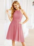 Halter Chiffon Bridesmaid Dresses Short Sleeveless Formal Party Dress Open Back 28023
