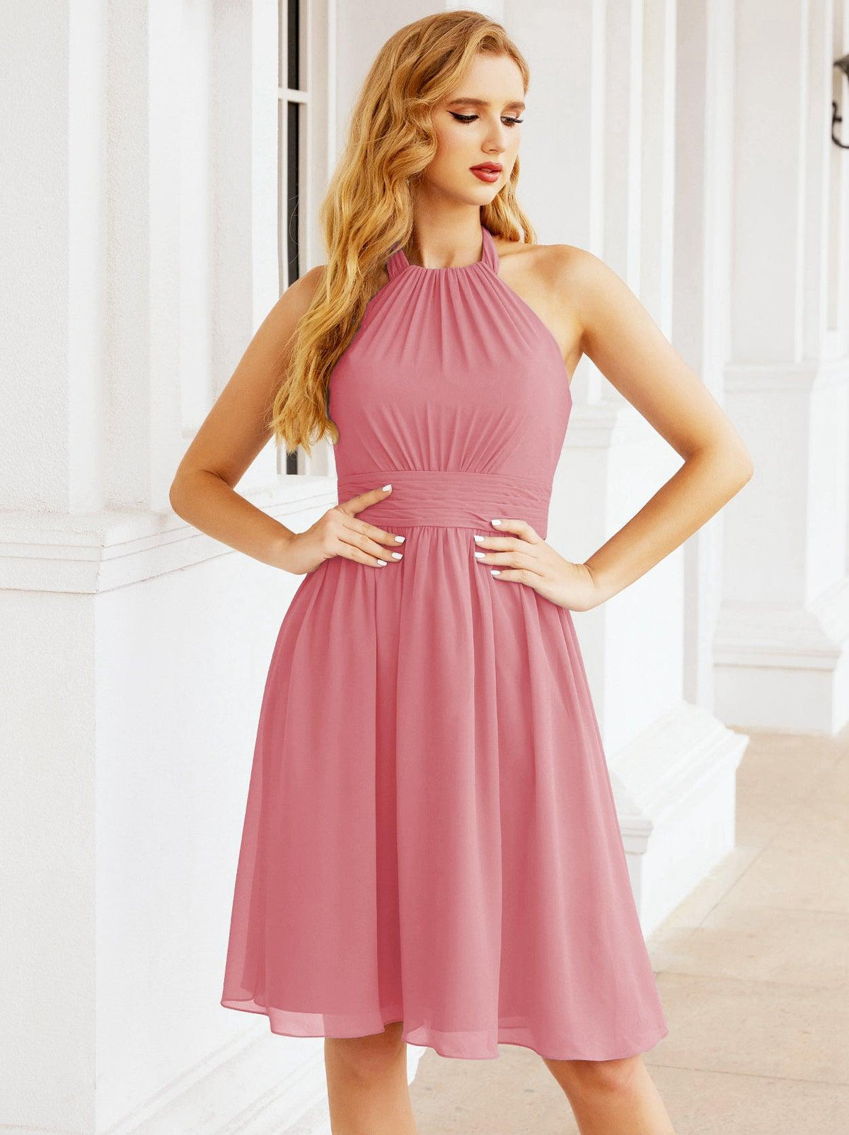 Halter Chiffon Bridesmaid Dresses Short Sleeveless Formal Party Dress Open Back 28023