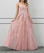 Blush Pink Lace Appliqué Tulle Maxi Dress with Spaghetti Straps & Lace-Up Back