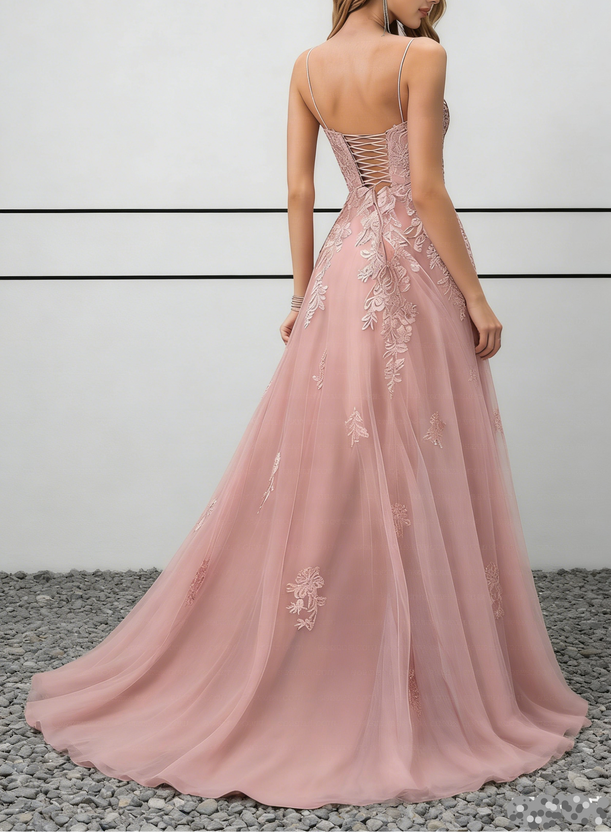 Blush Pink Lace Appliqué Tulle Maxi Dress with Spaghetti Straps & Lace-Up Back